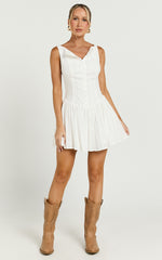 Zhai Mini Dress - High Neck Button Through Dress in Ivory
