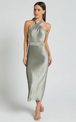 Marlette Midi Dress - Pleated Open Back Halter Dress in Sage
