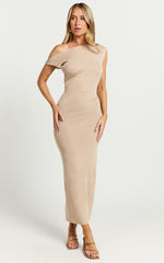 Stefanie Midi Dress - Off The Shoulder Bodycon Knit Midi Dress in Beige