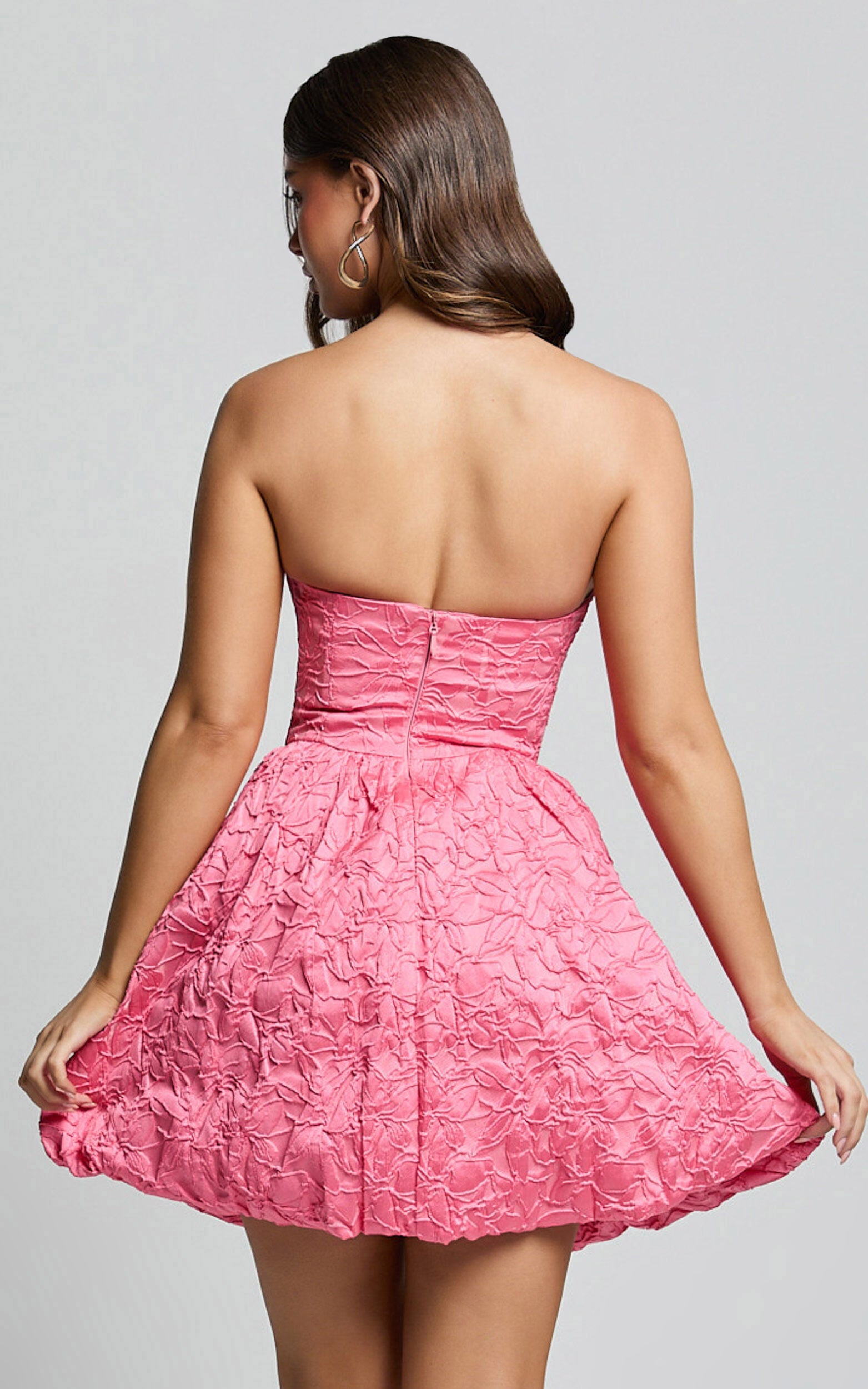 Inez Mini Dress - Jacquard Strapless Bubble Hem Dress in Pink