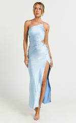 Leighton Maxi Dress - One Shoulder Ruched Thigh Split Slip Dress in Blue