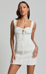 Flynn Mini Linen Dress - Lace Trim Square Neck Tie Front Dress in Ivory