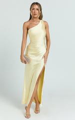 Isla Maxi Dress - Satin One Shoulder Side Split Dress in Lemon