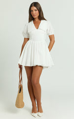Jhorgen Mini Dress - Collared Puff Sleeve Dress in White