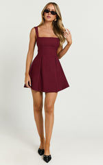 Ida Mini Dress - Wide Strap Straight Neck  Bow Back Dress in Berry