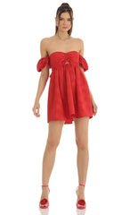 Jacquard Puff Sleeve Baby Doll Dress in Red