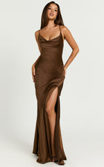 Emma Maxi Dress - Cowl Neck Front Split Dress in Chocolate