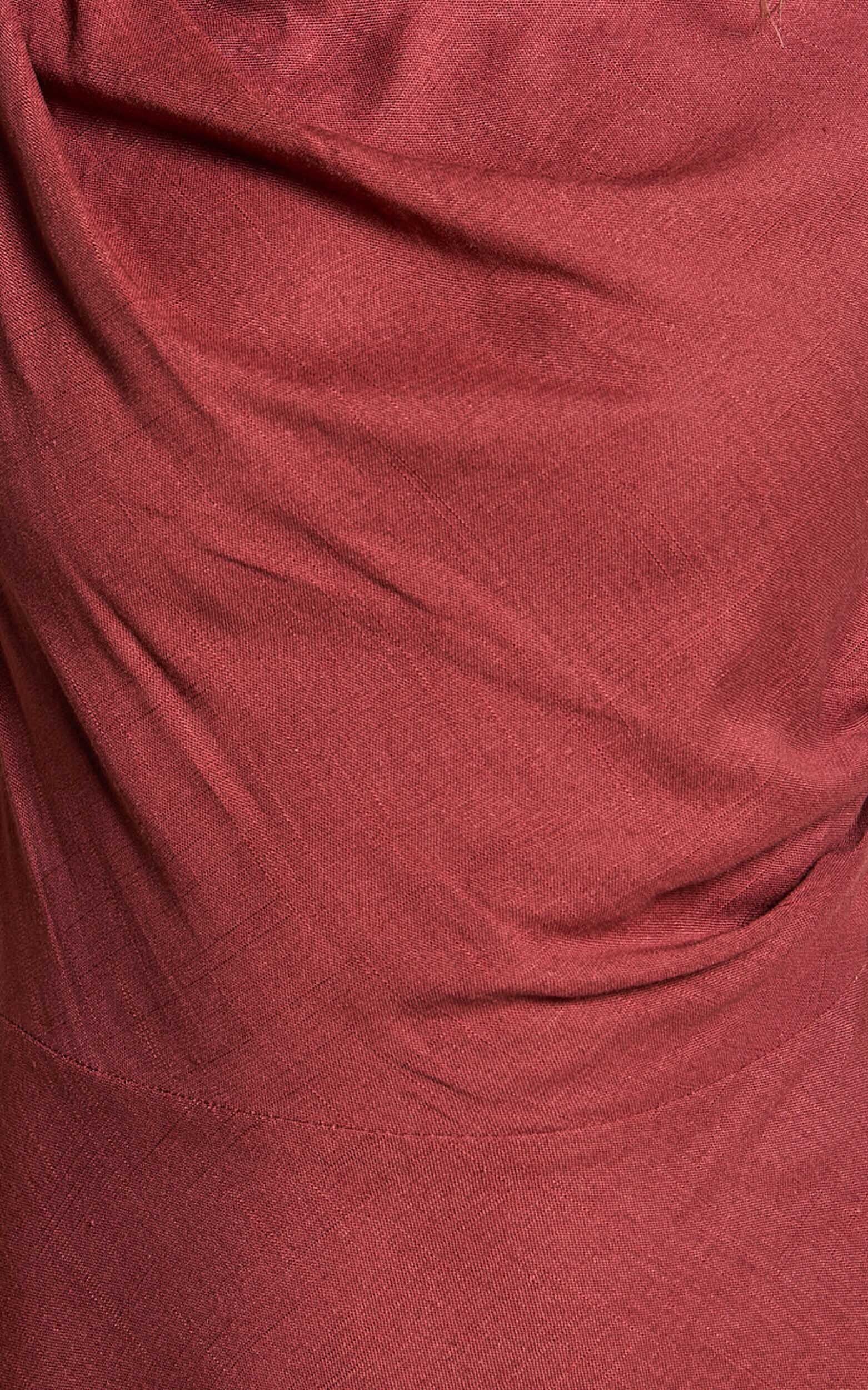 Elegant Linen Maxi Dress - High Neck Thigh Slit Slip Dress in Rust