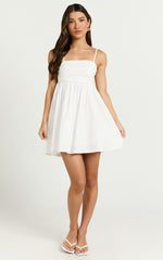Clover Mini Dress - Back Bow Babydoll Dress in White