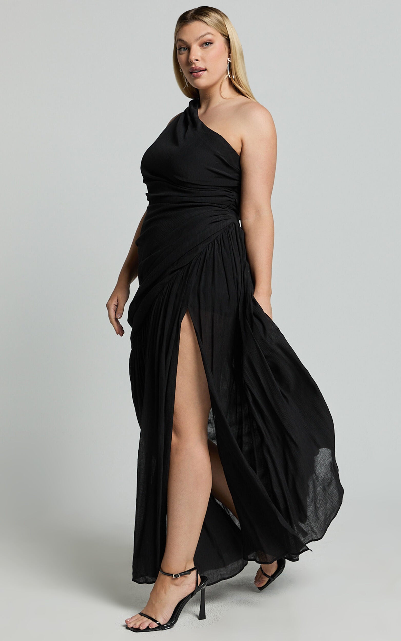 Darcy Maxi Dress - One Shoulder Side Cut Out Gathered Dress in Black
