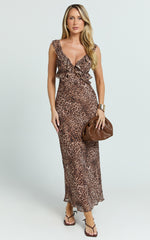 Alessa Maxi Dress - V Neck Frill Detail Empire Waist Back Cut Out Dress in Tonal Leopard