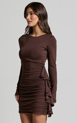 Therese Mini Dress - Ruched Bodycon Flounce Detail Dress in Chocolate