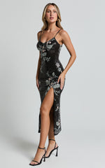 Adrienne Midi Dress - Sequin Embroidered Slip Dress in Black