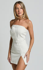 Erline Mini Dress - Asymmetric Strapless Denim Dress in Ecru