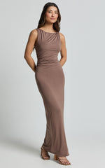 Aisha Maxi Dress - Sleeveless Twist Strap Bodycon Dress in Chocolate