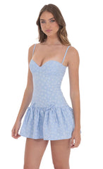Floral Double Bow Drop Waist Dress in Sky Blue