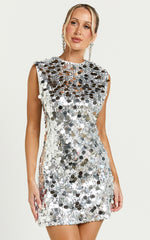Tracy Mini Dress - Disc Sequin Shift Dress in Silver