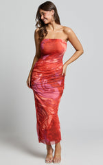 Yazmin Midi Dress - Strapless Ruched Mesh Slip Dress in Pink Blur Print
