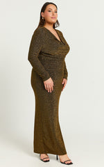 Paisley Midi Dress - Plunge Cowl Neck Long Sleeve Glitter Jersey Dress in Gold