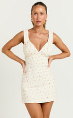 Amalea Mini Dress - Wide Strap Ruched Bust Dress in Lemon Floral