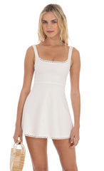Embroidered Trim A-line Dress in White