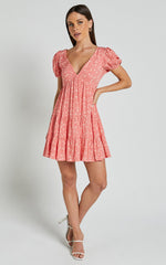 Isla Mini Dress - V Neck Tiered Dress in Coral Floral