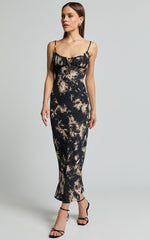 Nicki Midi Dress - Strappy Ruched Bust Slip Dress in Black Tie Dye