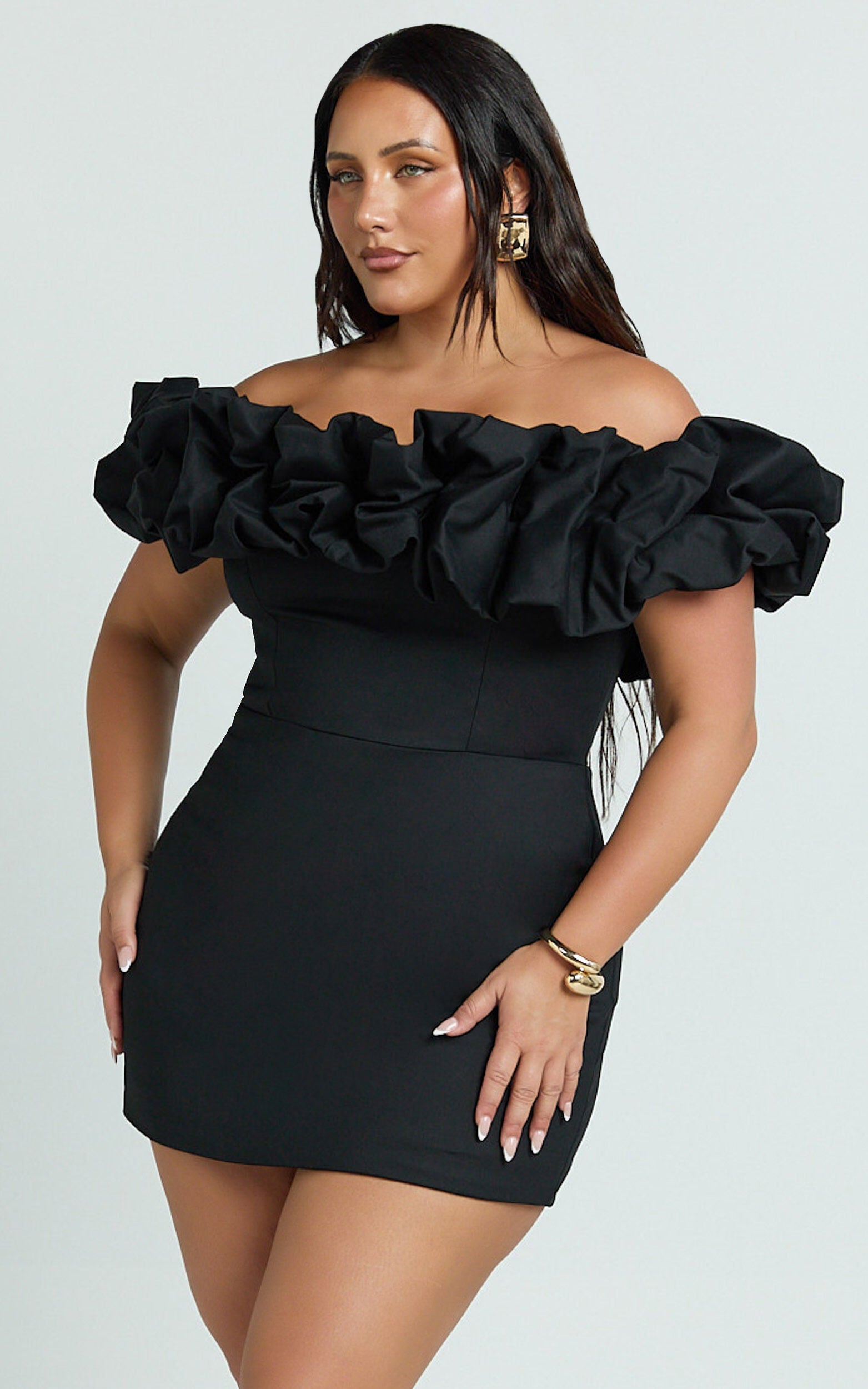 Coraline Mini Dress - Ruffle Off Shoulder Fitted Dress in Black