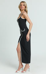 Xyra Midi Dress - Square Neck Contrast Bind Fitted Dress in Black