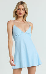 Laura Mini Linen Dress - Strappy V Neck Slip Dress in Light Blue