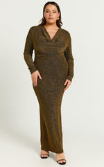 Paisley Midi Dress - Plunge Cowl Neck Long Sleeve Glitter Jersey Dress in Gold