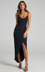 Lucky Day Midi Dress - V Neck Drape Dress in Black