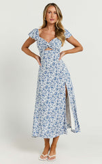 Sally Midi Dress - Flutter Sleeve Cut Out Thigh Split Dress in Blue Floral