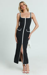 Xyra Midi Dress - Square Neck Contrast Bind Fitted Dress in Black