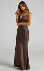 Lunaria Maxi Dress - Cowl Mermaid Slip Dress in Chocolate Satin