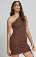Mardelle Mini Dress - Linen One Shoulder Shift Dress in Chocolate