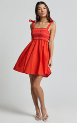 Cloe Mini Dress - Linen Tie Shoulder Shirred Dress in Red