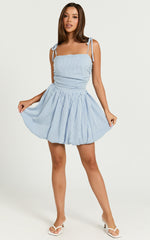 Miriam Mini Dress - Tie Straps Square Neck Mini Dress in Blue