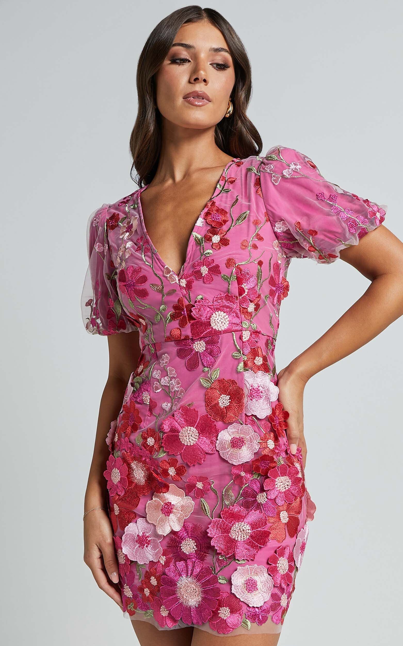 Wren Mini Dress - Puff Sleeve Bodycon 3d Garden Flowers Dress in Magenta