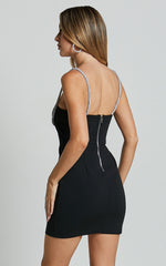 Sharley Mini Dress - Straight Neck Strappy Diamante Detail Bodycon in Black