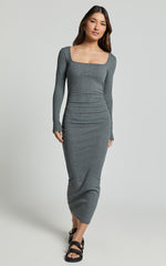 Lucy Midi Dress - Ribbed Side Ruched Bodycon Dress in Charcoal