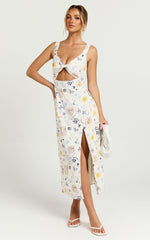 Nicola Midi Linen Dress - Strappy Front Twist Cut Out Column Dress in Soleil Print