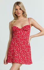 Hilton Mini Dress - Ruched Bust Slip Dress in Red Floral