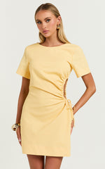 Samira Mini Dress - Ruched Cut Out Linen Dress in Lemon