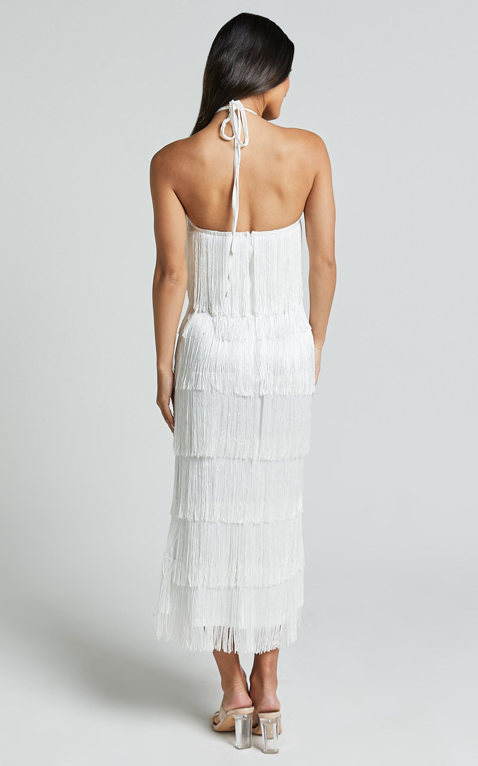 Trixie Maxi Dress - Diamond Halter Neck Fringe Tiered Dress in White