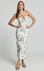 Evaline Midi Dress - Halter Neck Cut Out Front Slip Dress in Black and White Floral