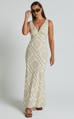 Sharlyn Midi Linen Dress - Deep V Neck Sleeveless Slip Dress in Beige Sun Print