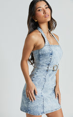 Izolda Mini Dress - Halter Neck Belted Bodycon Denim Dress in Light Blue Acid Wash