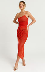 Lyesha Maxi Dress - Ruched Asymmetric Bodycon Dress in Orange