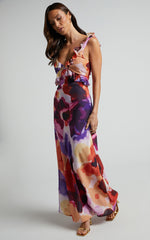 Charlie Midi Dress - V Neck Low Back Frill Detail Dress in Watercolour Floral
